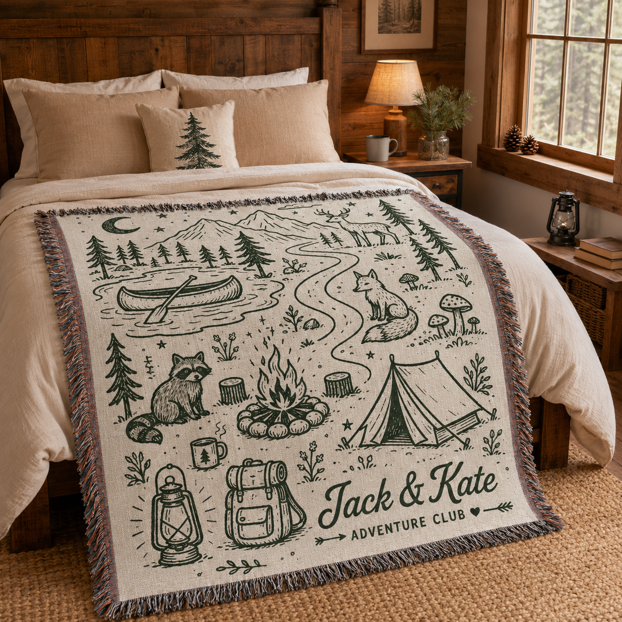 Personalized adventure woven blanket styled across a cozy rustic cabin bed
