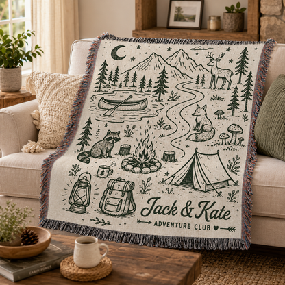 Personalized woodland camping woven blanket draped over a warm living room sofa