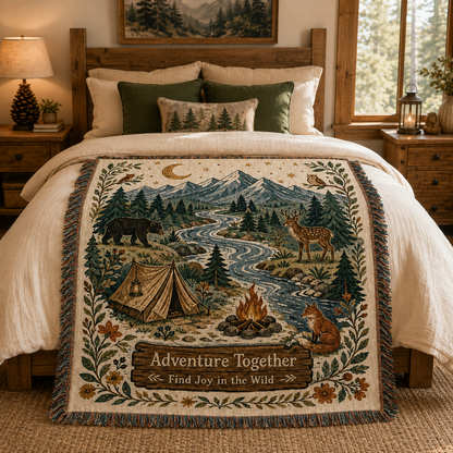 Adventure Together camping woven throw blanket across a rustic woodland bed