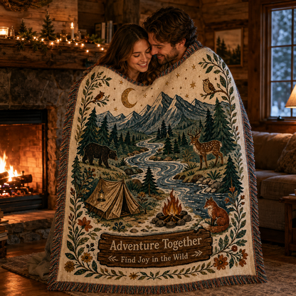 Couple wrapped in Adventure Together woodland camping woven blanket