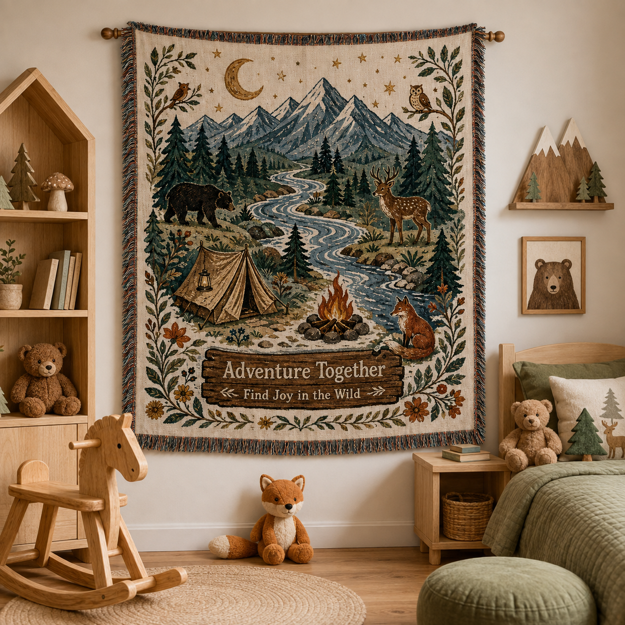 Adventure Together woodland woven blanket displayed as wall decor in a kids room