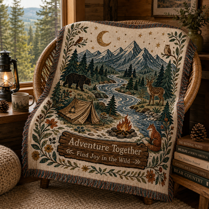 Adventure Together nature woven blanket draped over a rustic reading chair