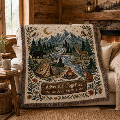 Adventure Together woodland woven blanket styled on a rustic cabin sofa