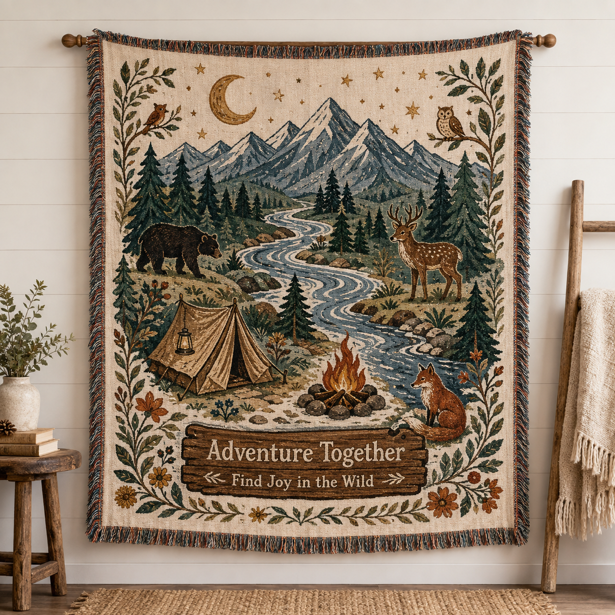 Adventure Together woven throw blanket with mountain river camping and woodland animals