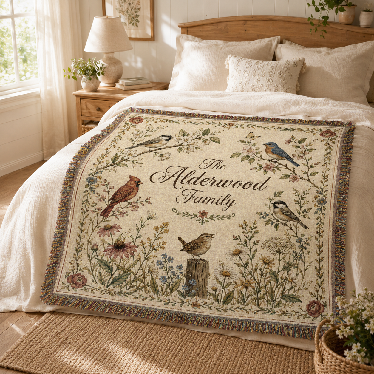 Personalized botanical bird woven blanket displayed on a cozy bedroom bed