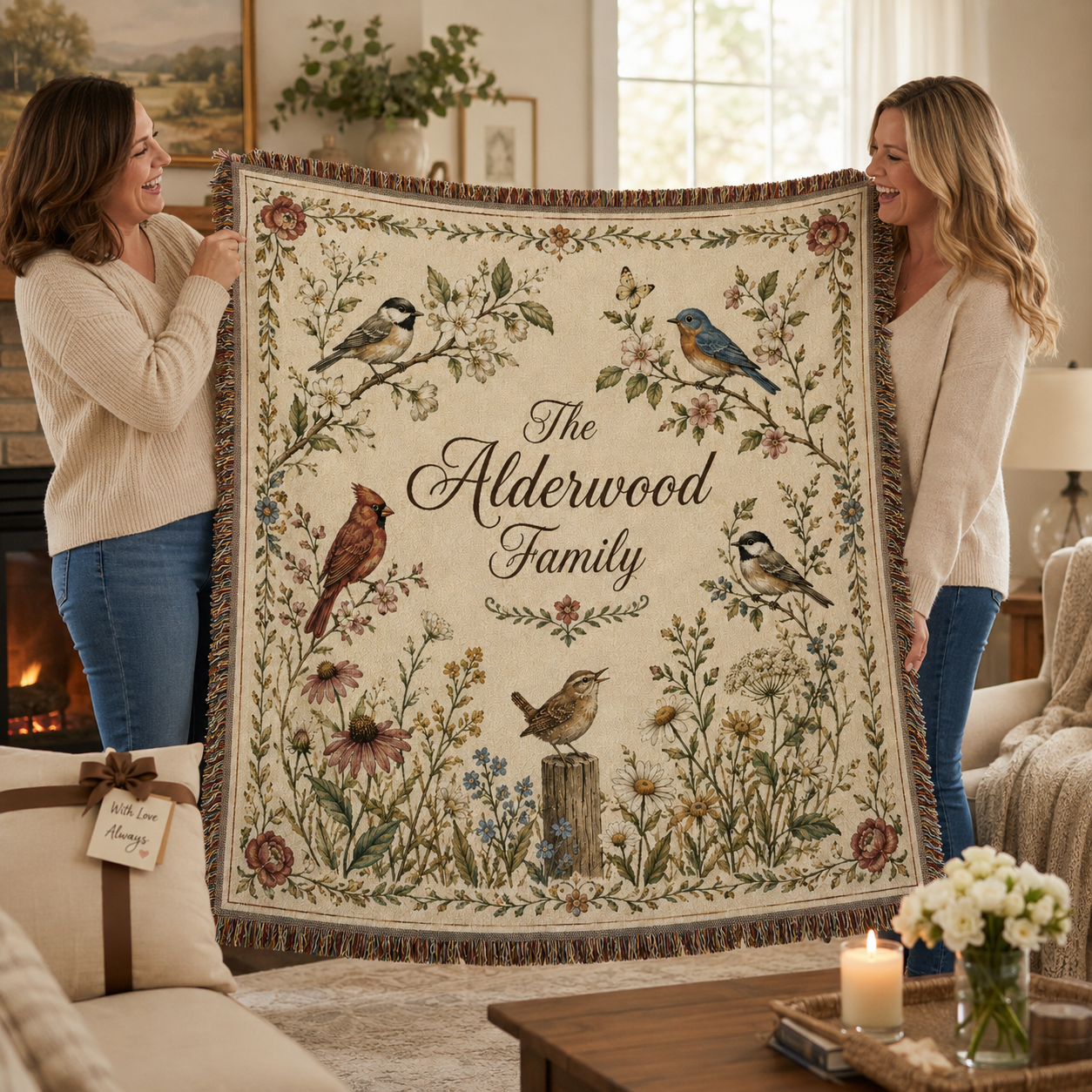 Two women holding a personalized Alderwood family bird woven blanket