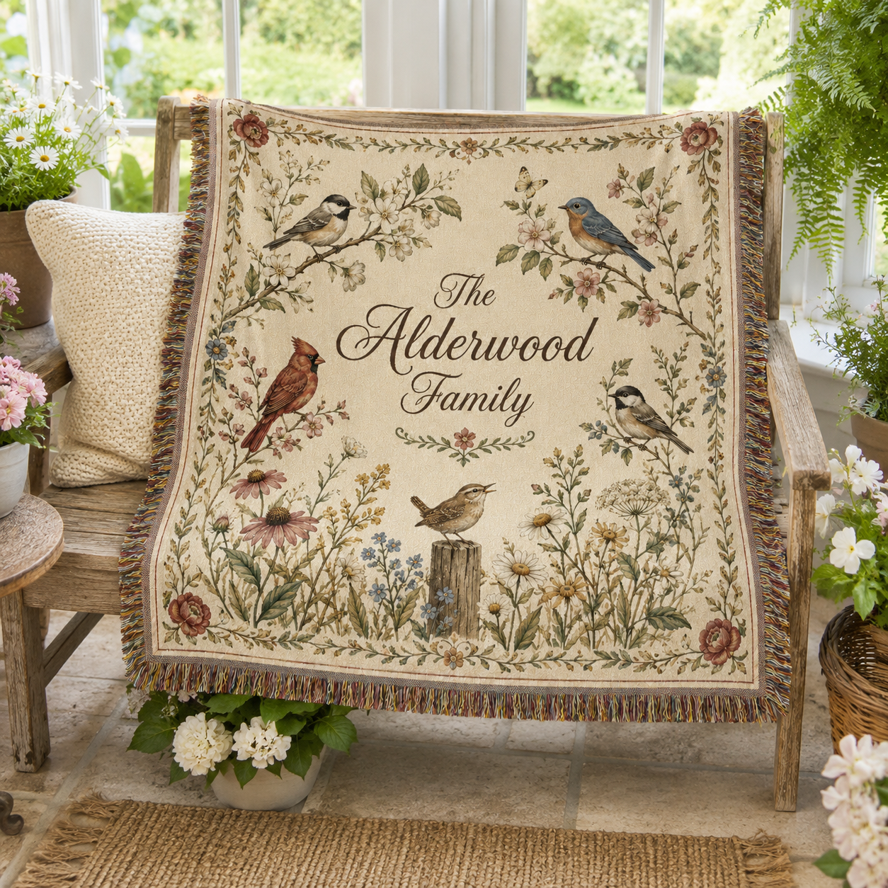 Personalized bird and wildflower woven blanket displayed in a sunlit garden room