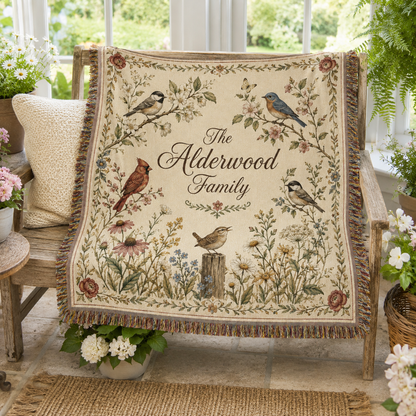 Personalized bird and wildflower woven blanket displayed in a sunlit garden room