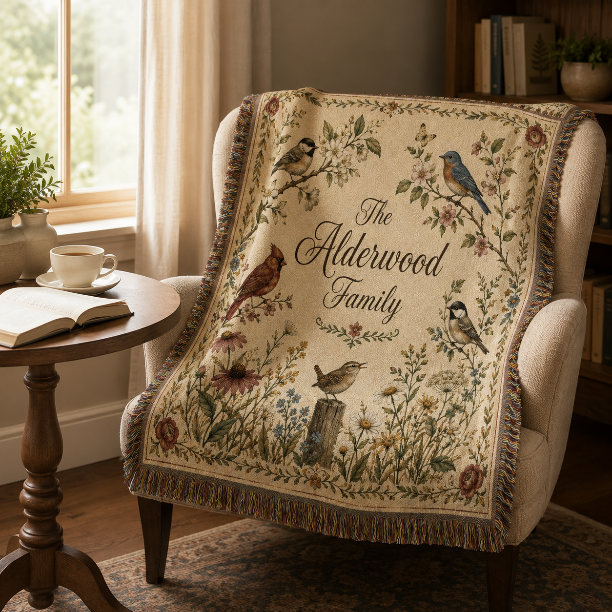 Personalized bird and wildflower woven blanket in a cozy reading nook