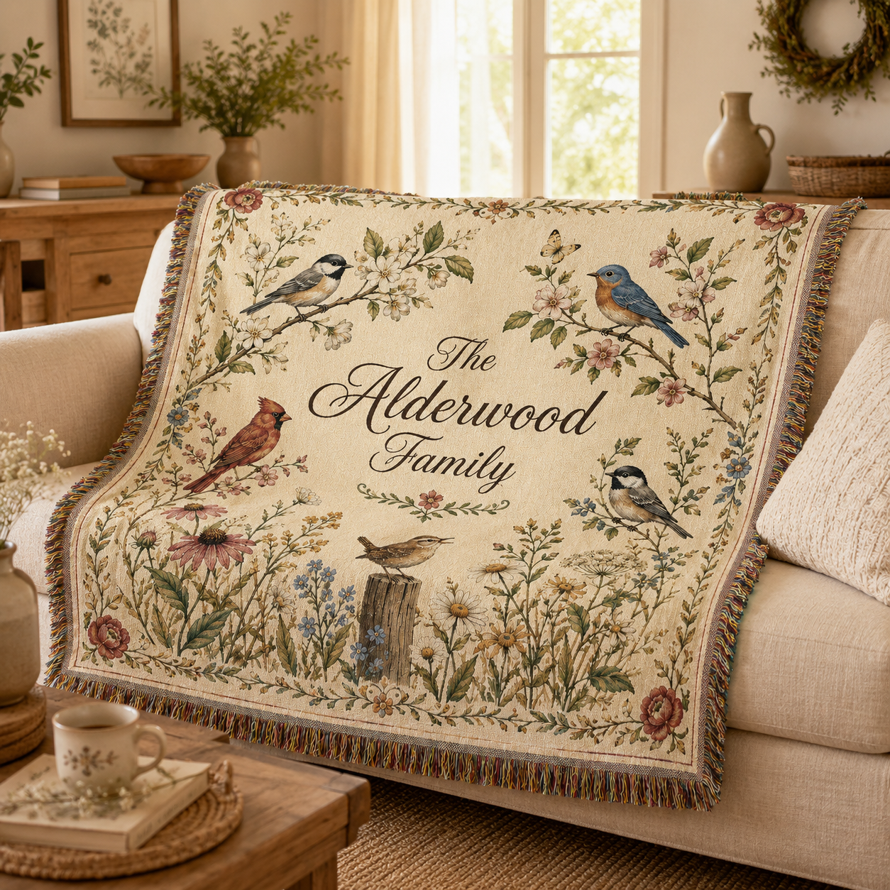 Personalized family bird woven blanket styled on a farmhouse sofa