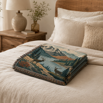 Folded alpine elk mountain woven blanket displayed on a neutral bedroom bed