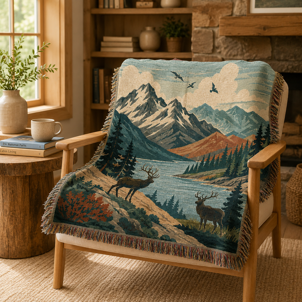Alpine elk mountain woven blanket styled on a wooden chair in a rustic cabin