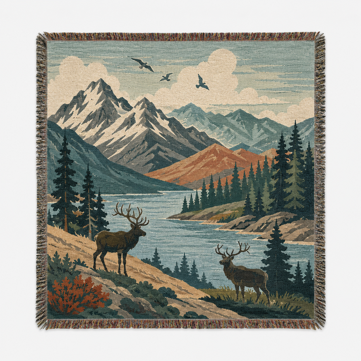 Alpine elk mountain woven blanket with lake, evergreen forest and decorative fringe