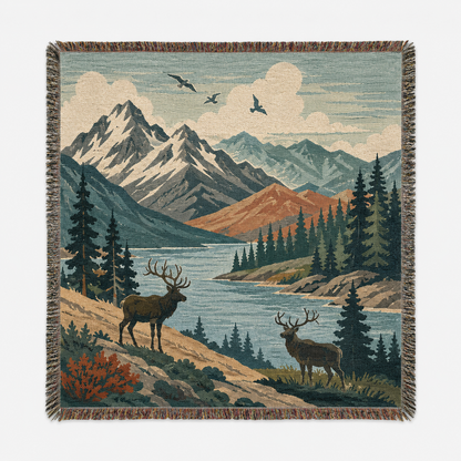 Alpine elk mountain woven blanket with lake, evergreen forest and decorative fringe