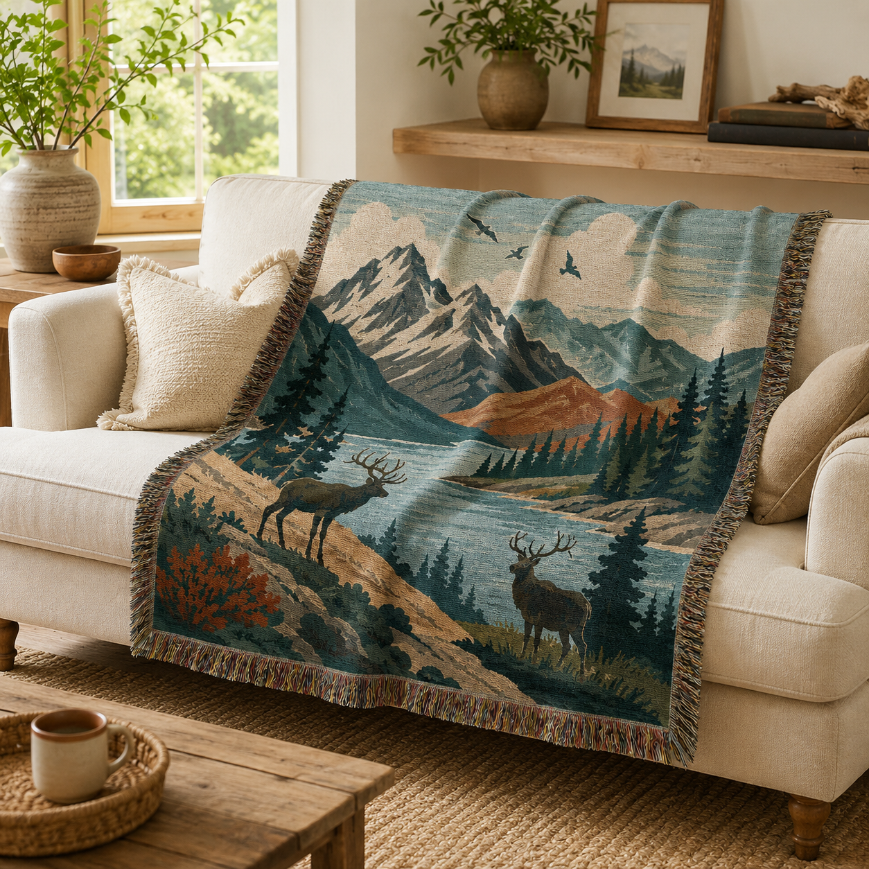 Alpine elk mountain woven blanket draped over a cream sofa in a bright living room