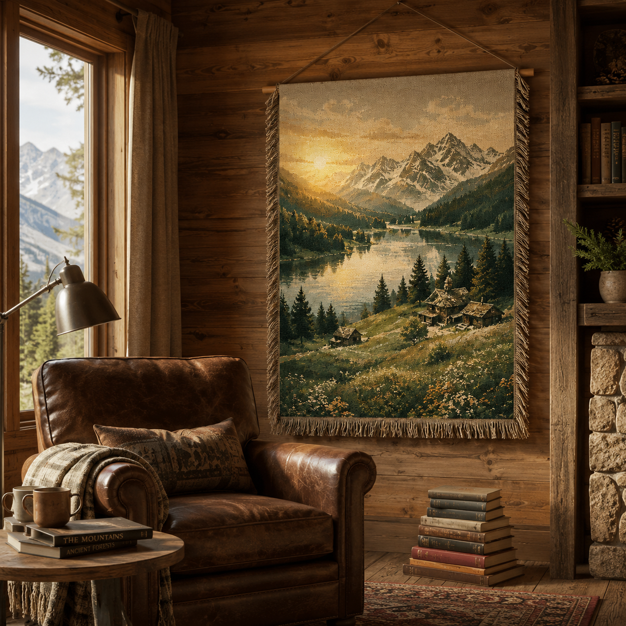 Alpine Lake Sunrise woven wall hanging in a rustic cabin reading nook with leather chair