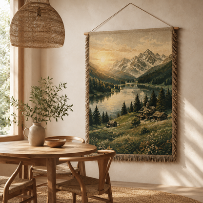 Alpine Lake Sunrise woven wall hanging in a sunlit natural wood dining nook