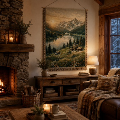 Alpine Lake Sunrise woven wall hanging in a cozy fireplace chalet living room