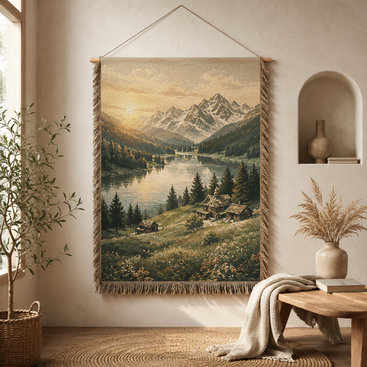 Alpine Lake Sunrise woven wall hanging tapestry displayed in a cozy neutral interior