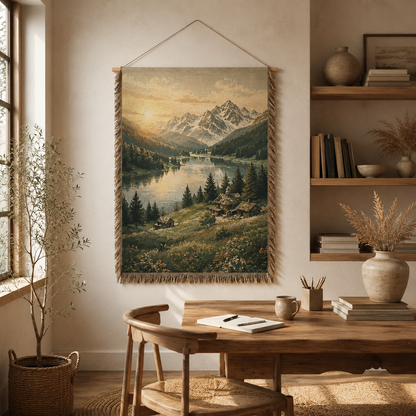 Alpine Lake Sunrise woven wall hanging displayed in a warm boho home office studio