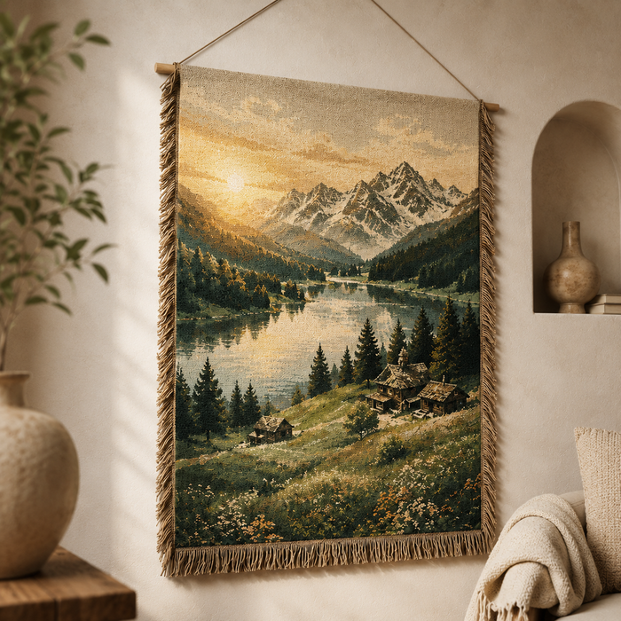 Close up of Alpine Lake Sunrise woven wall hanging showing textile texture and fringe detail