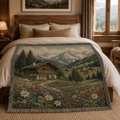Alpine meadow chalet woven blanket styled across a warm rustic bedroom bed