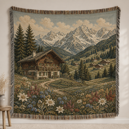 Alpine meadow chalet woven blanket displayed as a full tapestry with mountain peaks and wildflowers