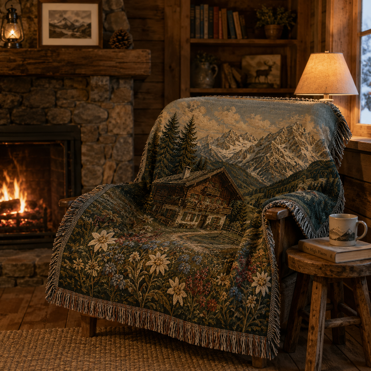 Alpine chalet woven blanket draped over a wooden reading chair beside a stone fireplace