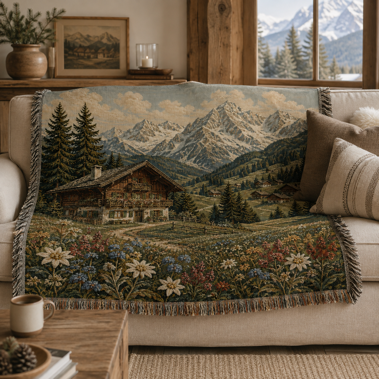 Alpine chalet woven blanket draped over a neutral sofa in a rustic mountain living room