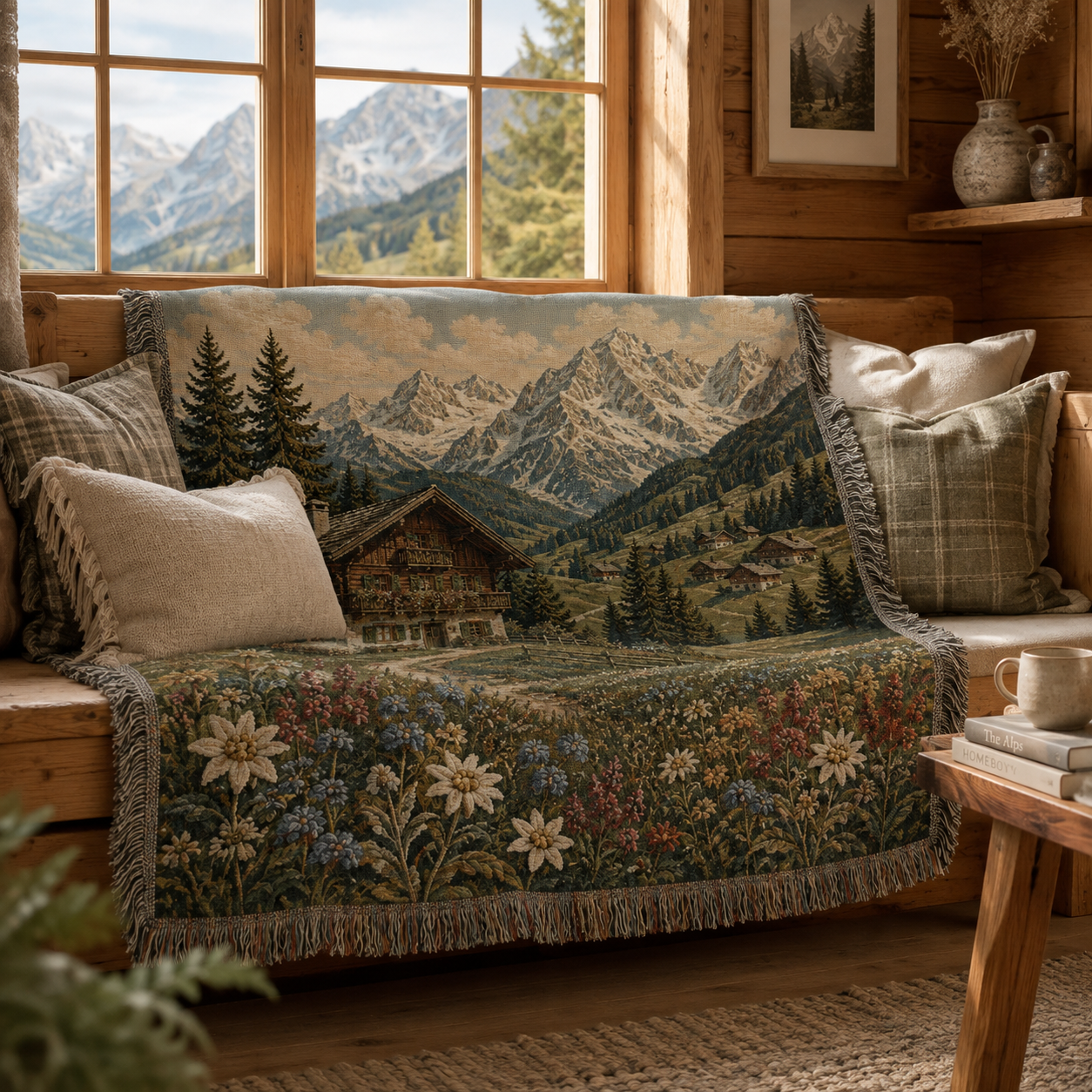 Alpine meadow chalet woven blanket styled on a sunny cabin window seat overlooking mountains