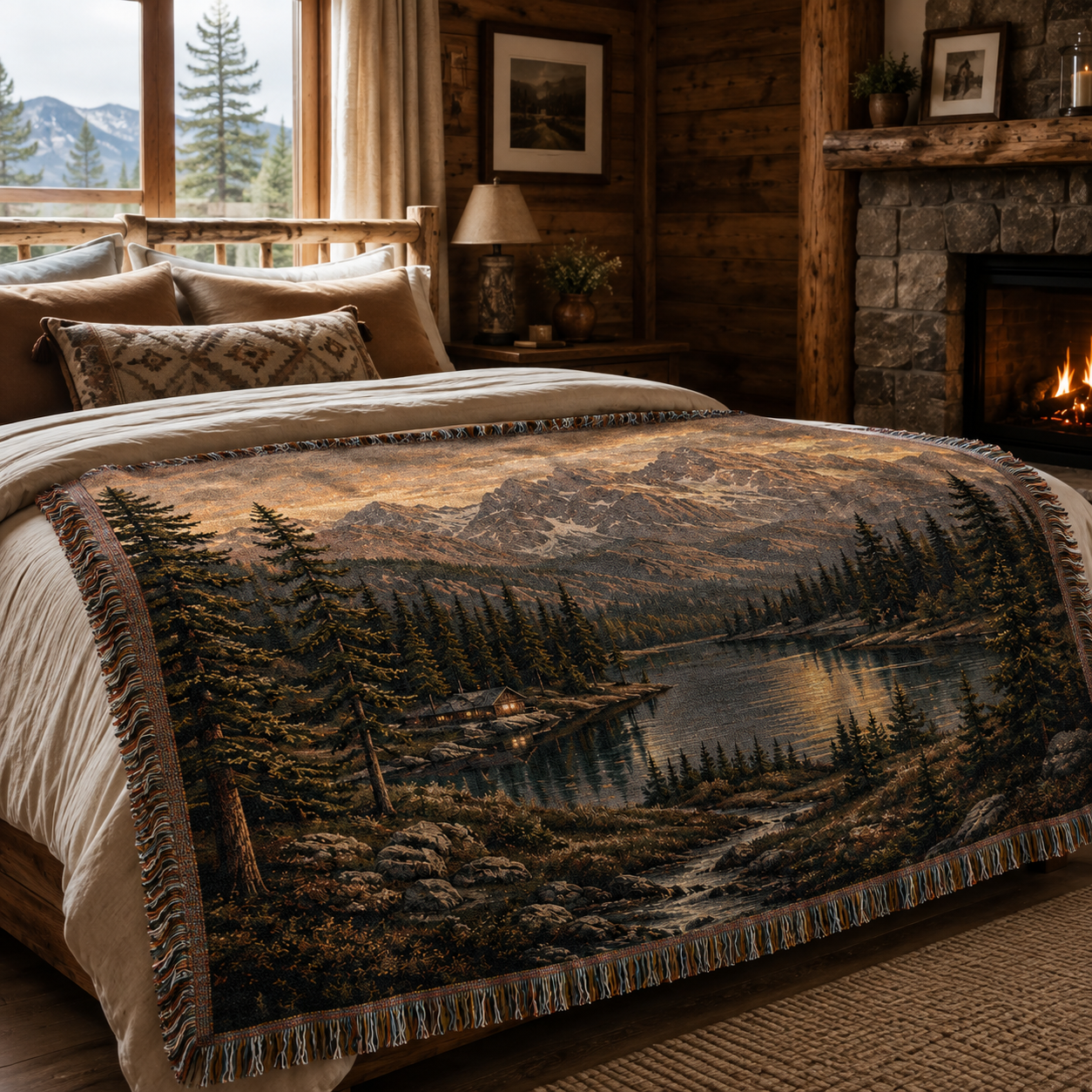 Scenic mountain lake woven blanket layered on a cabin bed beside a stone fireplace