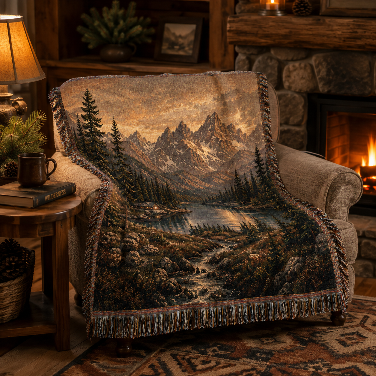 Rustic mountain landscape woven blanket draped over an armchair by the fireside