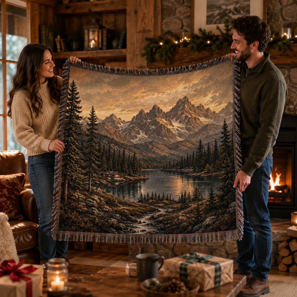 Couple presenting a mountain lake woven blanket as a cozy cabin gift