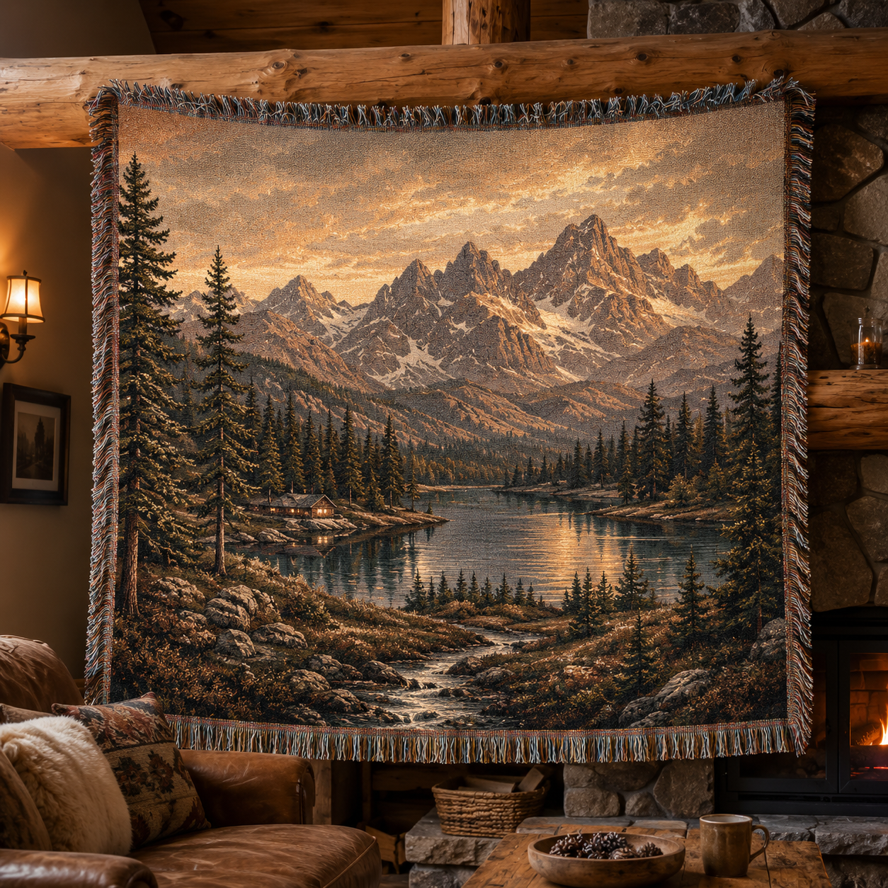 Vintage alpine mountain lake woven blanket displayed in a cozy rustic cabin