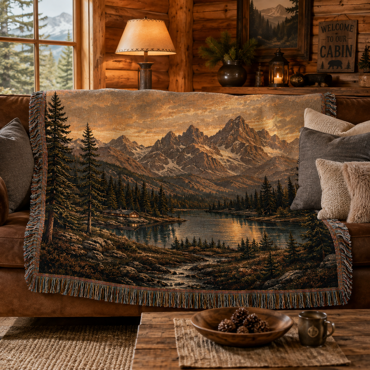 Mountain lake woven blanket styled across a leather sofa in a warm log cabin