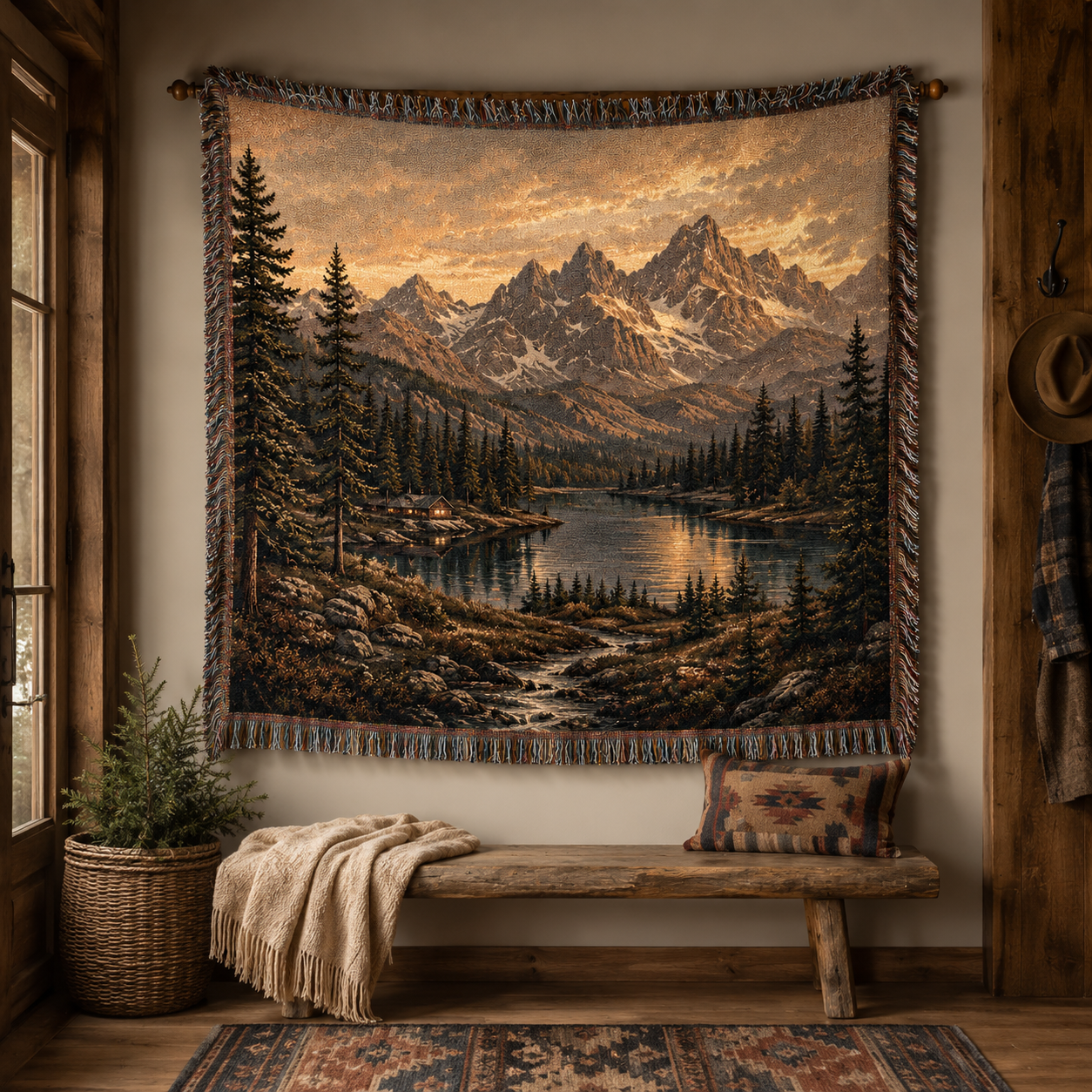 Alpine mountain lake woven tapestry hanging above a rustic wooden bench