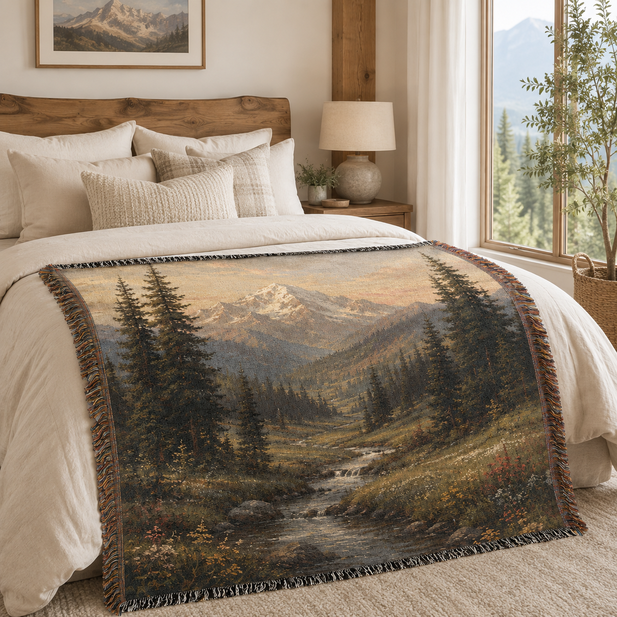 Alpine mountain landscape woven blanket displayed across a cozy lodge bedroom