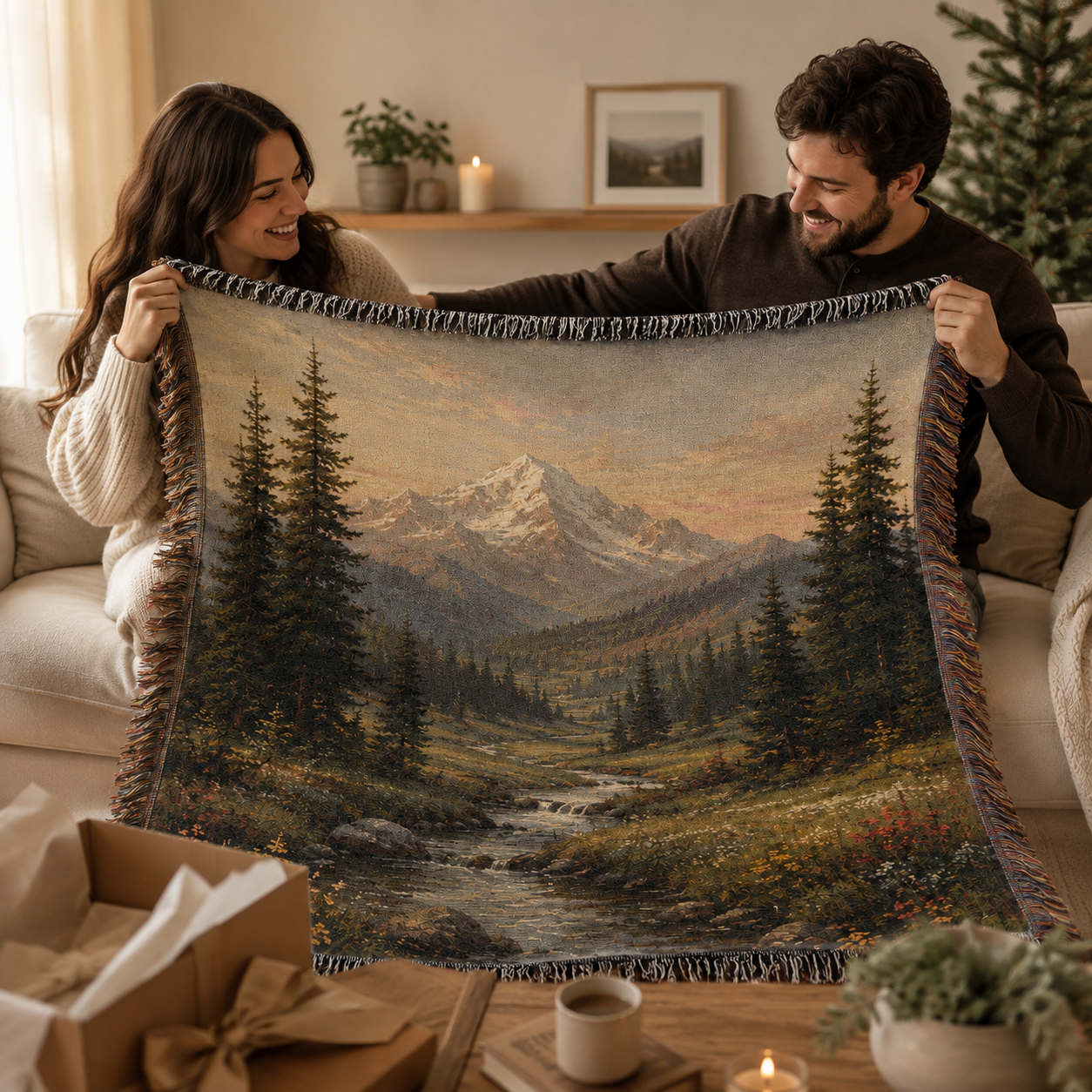 Couple unveiling an alpine mountain valley woven blanket as a cozy gift