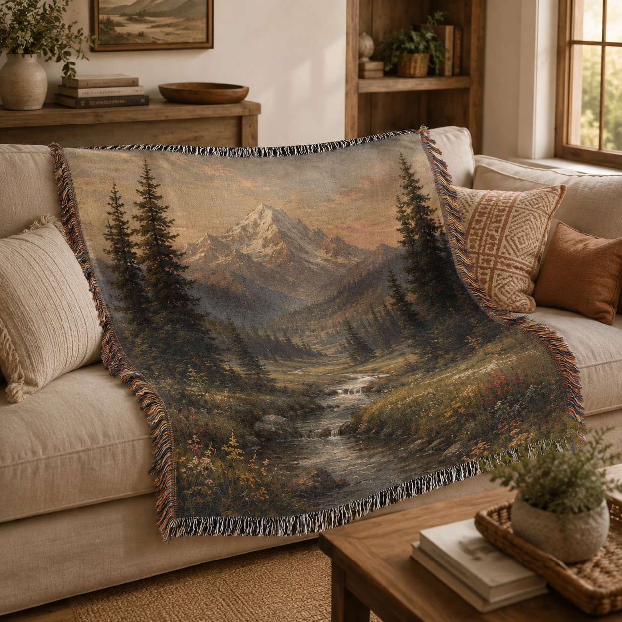 Alpine mountain valley woven blanket styled on a warm neutral living room sofa