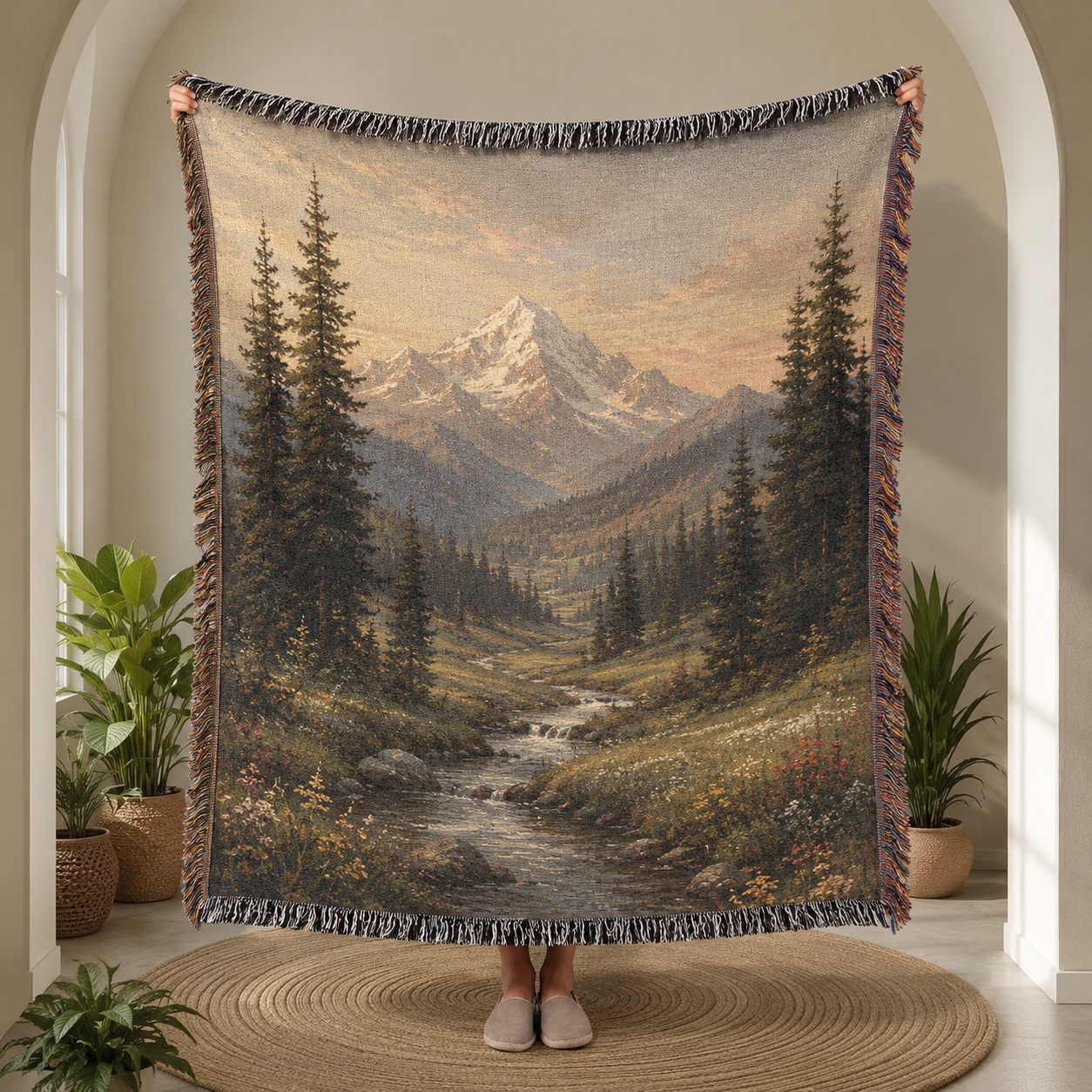 Vintage alpine mountain valley woven blanket with pine forest, stream and fringe