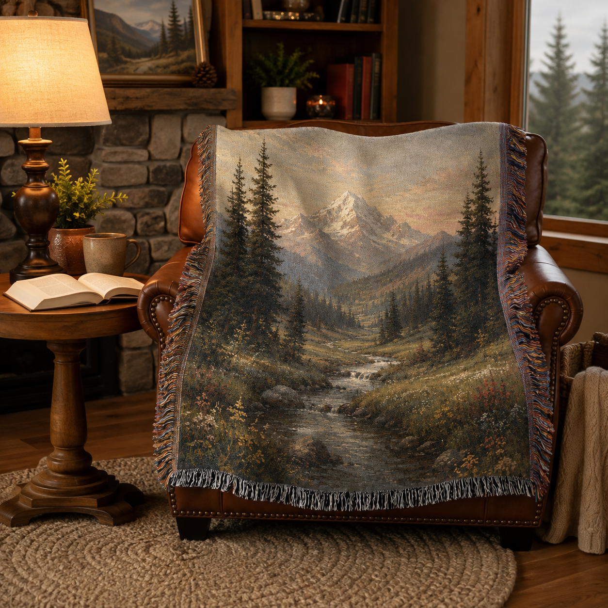 Alpine mountain valley woven blanket styled in a rustic reading nook