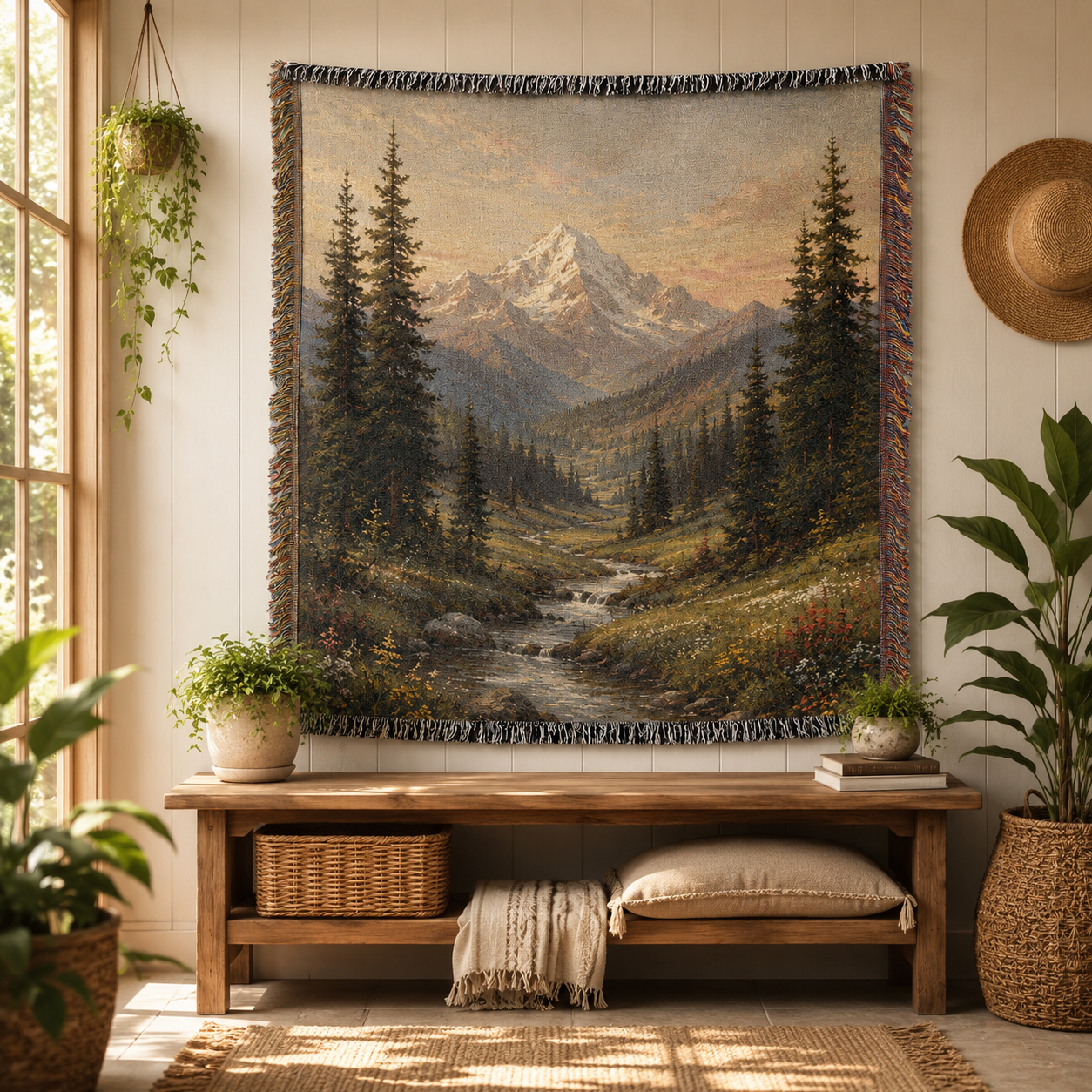Alpine mountain valley woven tapestry displayed as rustic sunlit wall decor