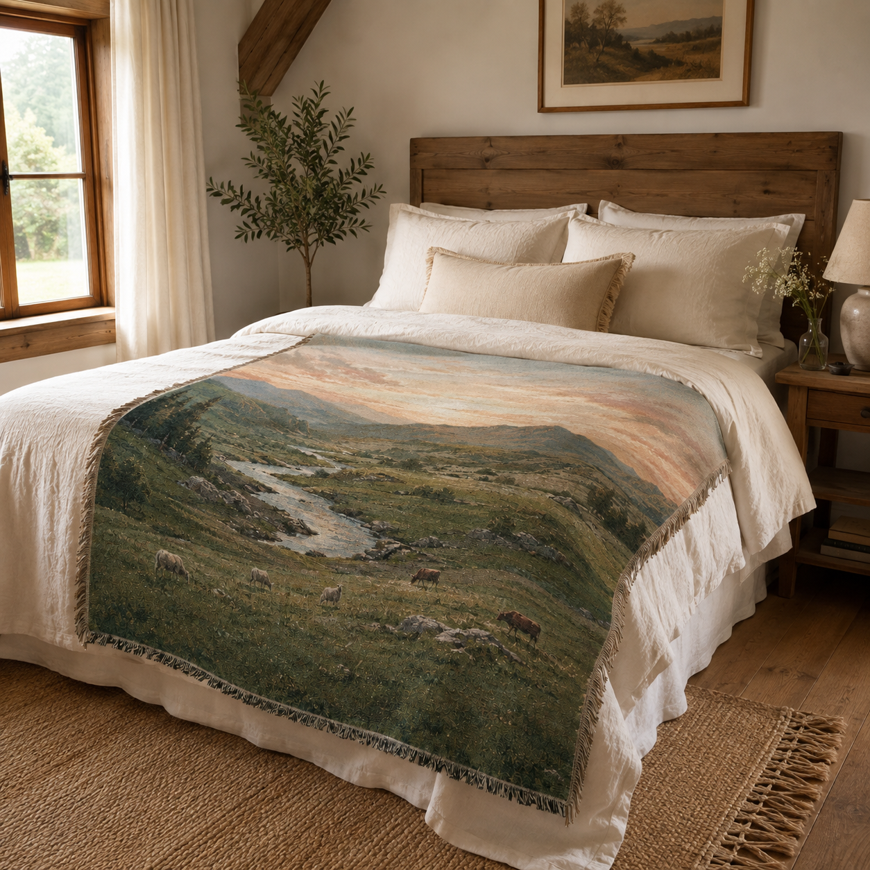 Alpine valley pasture woven blanket styled across a warm rustic bedroom
