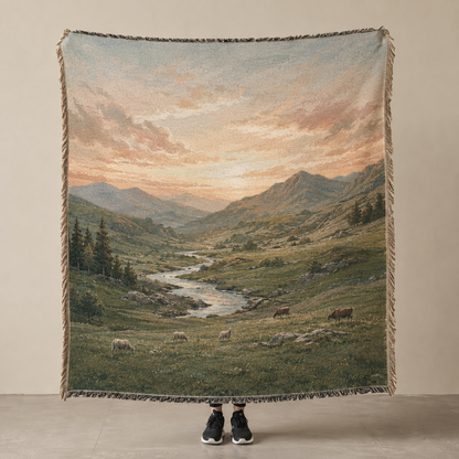 Alpine valley pasture woven blanket shown full front with mountains, stream, grazing cattle and fringe