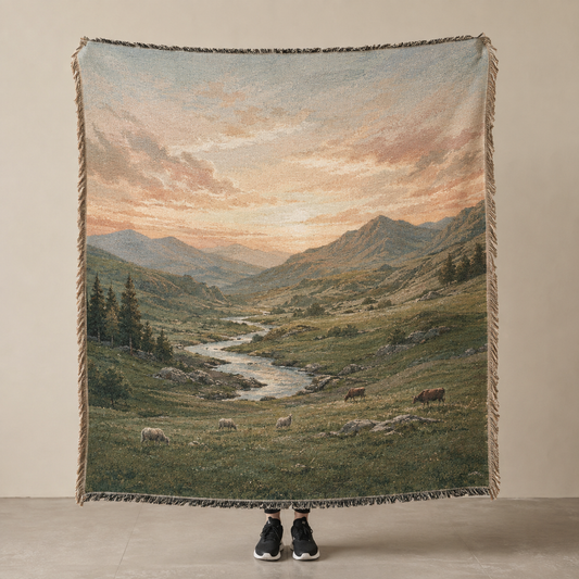 Alpine valley pasture woven blanket shown full front with mountains, stream, grazing cattle and fringe