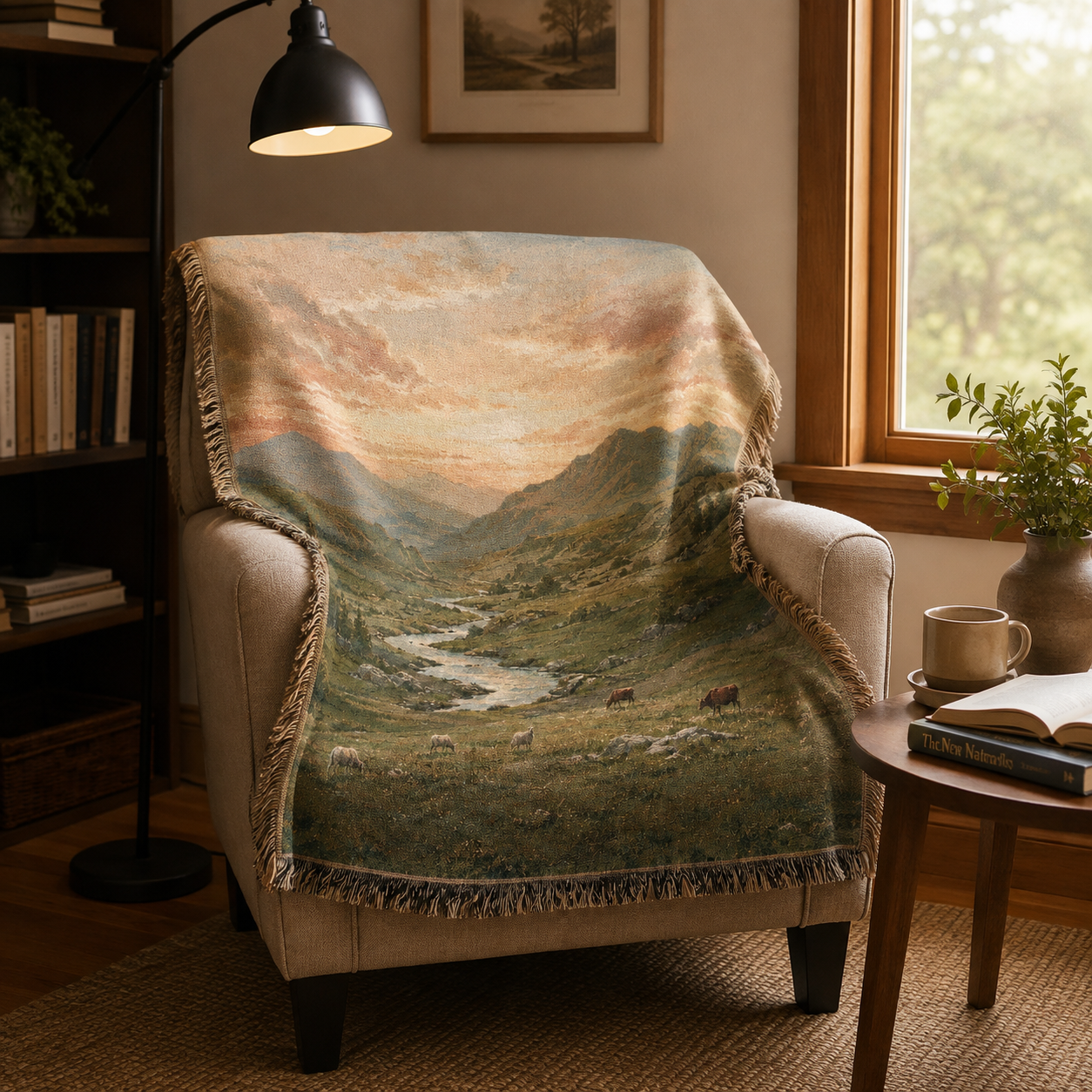Alpine valley pasture woven blanket displayed on an armchair in a cozy reading nook