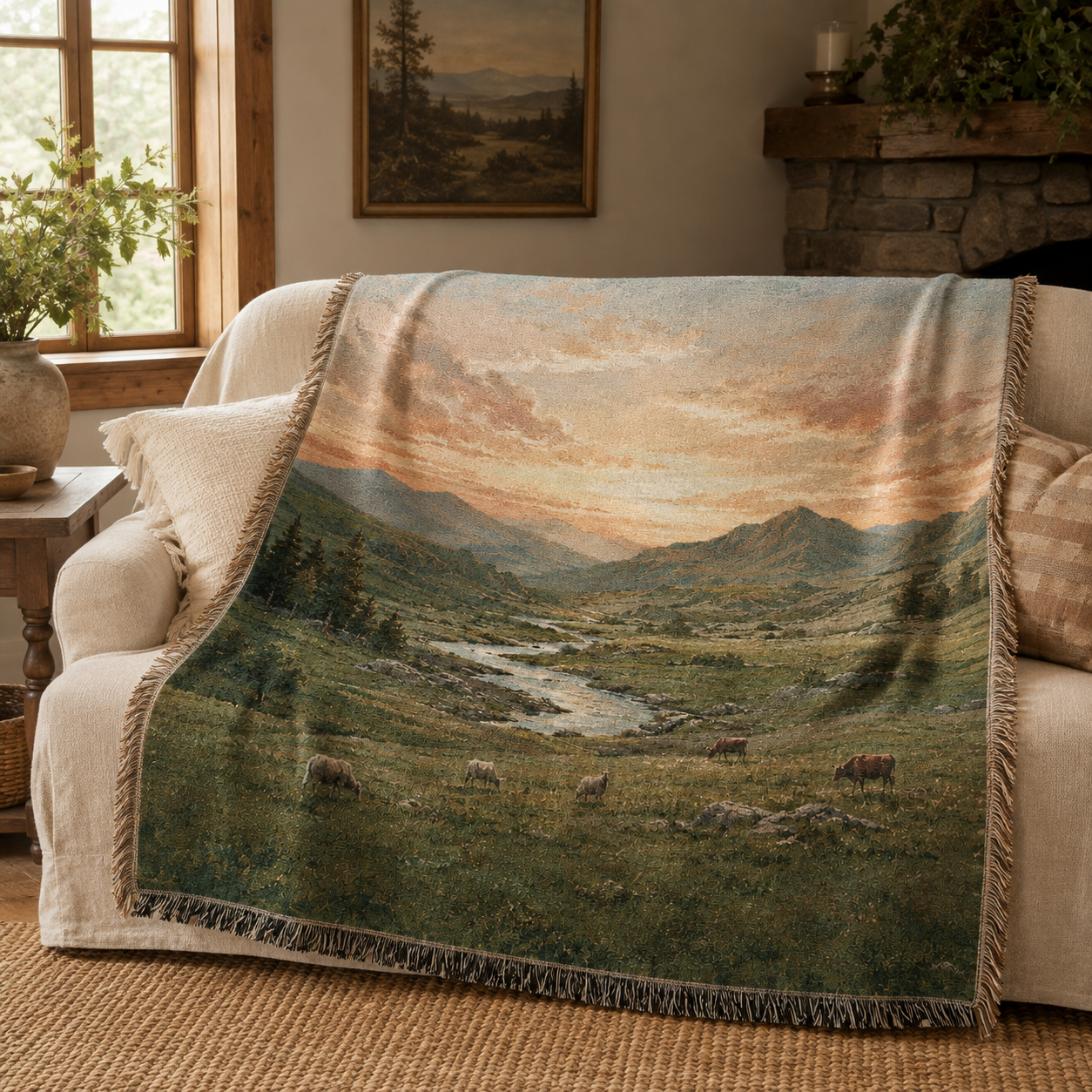 Alpine valley pasture woven blanket draped over a neutral sofa in a rustic living room
