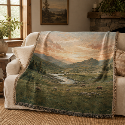Alpine valley pasture woven blanket draped over a neutral sofa in a rustic living room