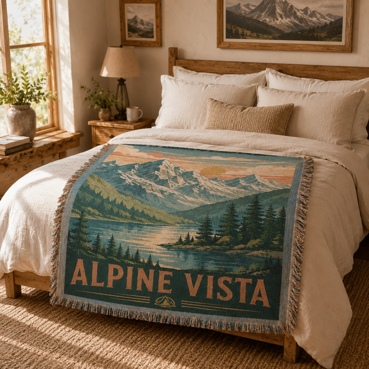 Alpine Vista mountain woven blanket across a rustic bedroom bed