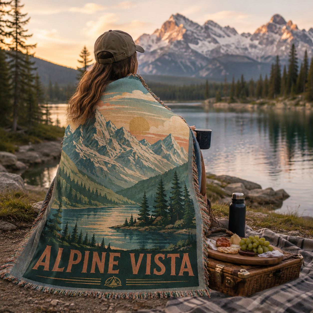 Alpine Vista mountain blanket used at a peaceful lakeside picnic